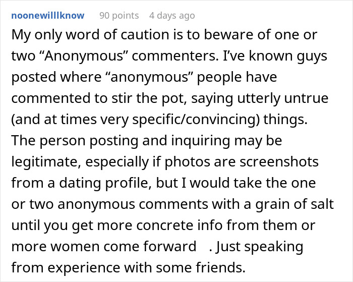 Comment warning about anonymous posts in friends husband dating the same guy situations, advising caution and verification.