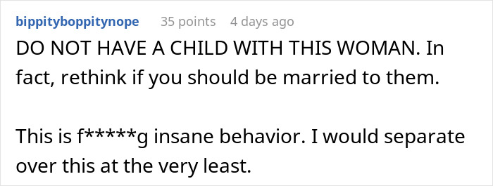 Screenshot of a Reddit comment expressing strong disapproval of a wife&rsquo;s reaction to a husband attending a baby shower.