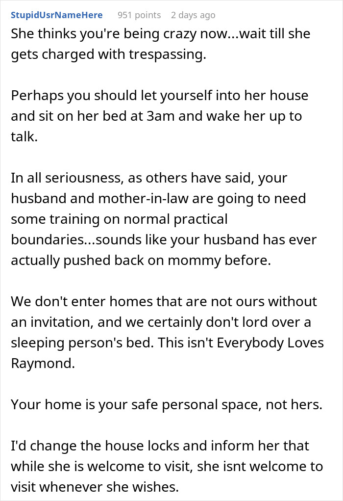 Comment text discussing boundaries and issues with a creepy mother-in-law watching pregnant daughter-in-law sleep.