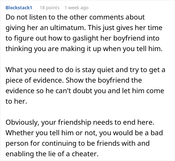 Text discussing how a woman should expose her best friend&rsquo;s affair to her boyfriend with evidence to end the friendship.