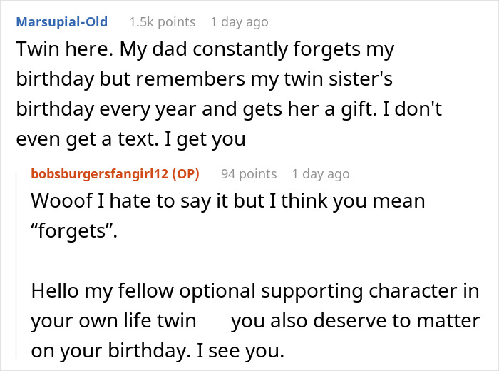 Text conversation about twin's birthday being forgotten, highlighting family favoritism and twin rivalry issues.