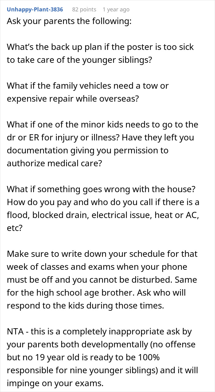 Text advice on babysitting siblings in Austria, discussing parents' backup plans and responsibilities during emergencies. Text advice on babysitting siblings in Austria, discussing parents' backup plans and responsibilities during emergencies.