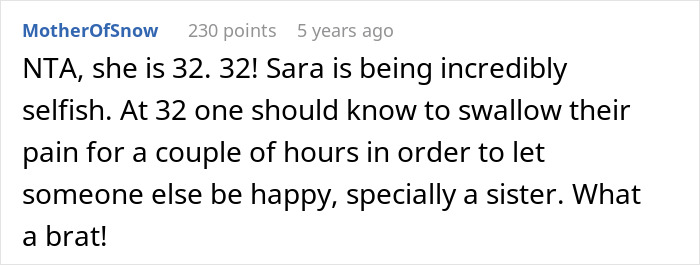 Screenshot of a Reddit comment discussing a single sister struggling with her sibling&rsquo;s engagement and selfish behavior.