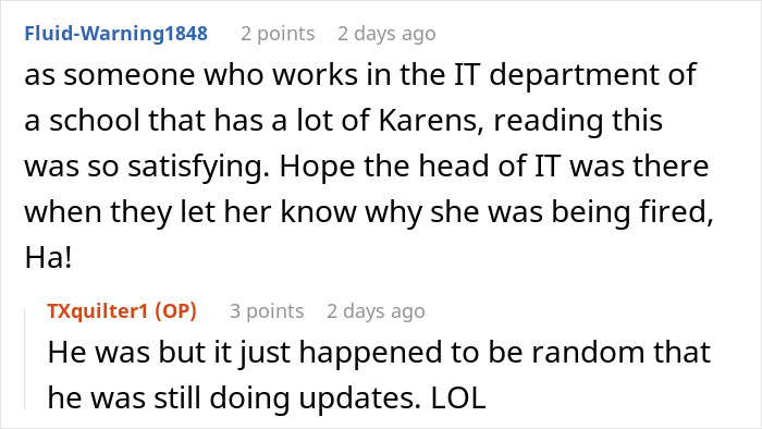 Screenshot of an online conversation where colleagues discuss an Office Karen who can’t mind her own business. Screenshot of an online conversation where colleagues discuss an Office Karen who can’t mind her own business.