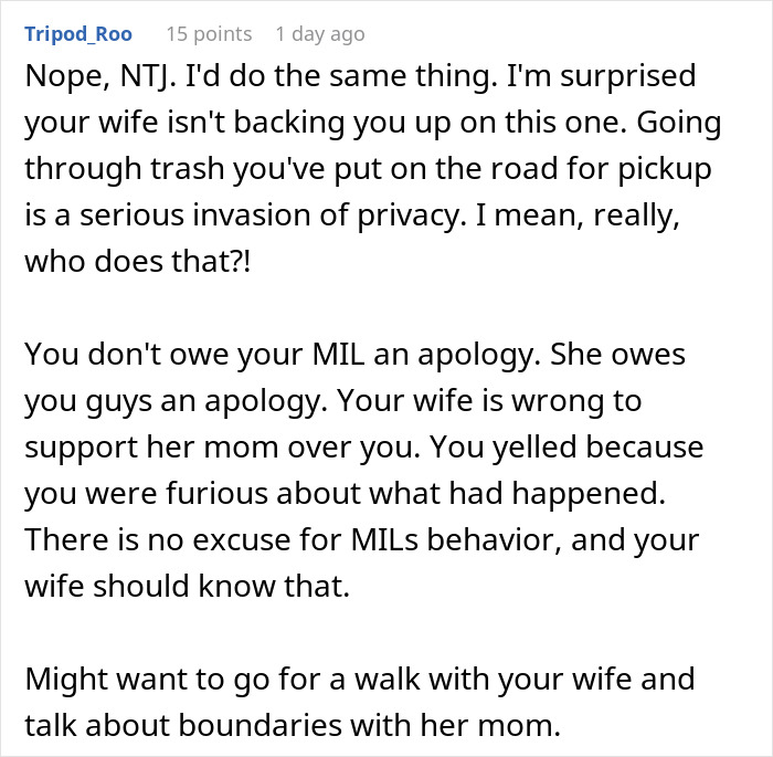 Reddit comment discussing MIL banned from visiting couple due to secret digging through trash and invasion of privacy concerns.