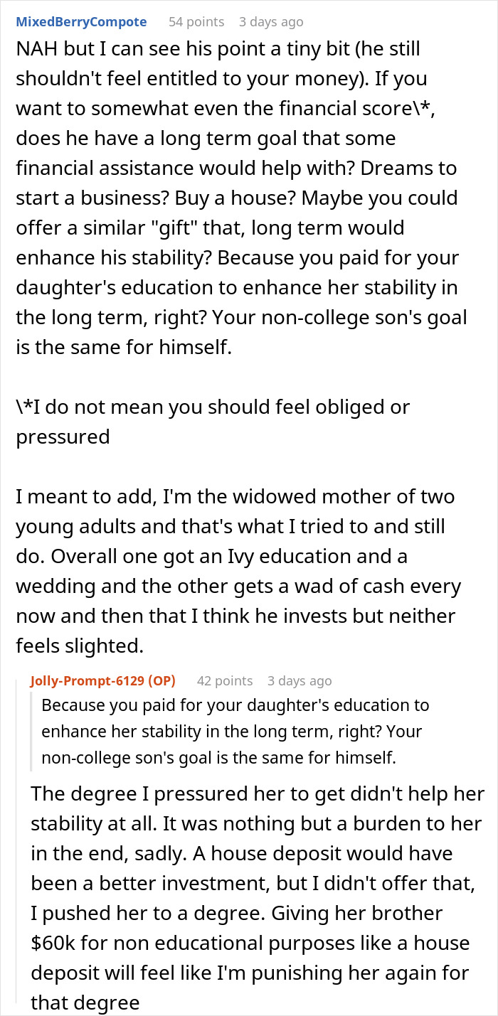 Reddit conversation discussing challenges and fairness around paying off daughter student loans versus other financial support.