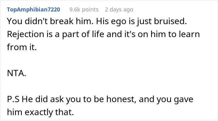 Text post discussing rejection and ego after a guy tells old friend she should date him instead of her boyfriend.