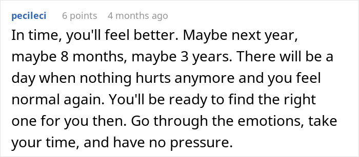 Comment text about healing and moving on after a woman's world crumbles due to husband's dark secret revealed early in marriage.