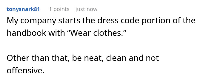 Screenshot of a user comment joking about a simple company dress code amid employees' malicious compliance with strict rules. Screenshot of a user comment joking about a simple company dress code amid employees' malicious compliance with strict rules.