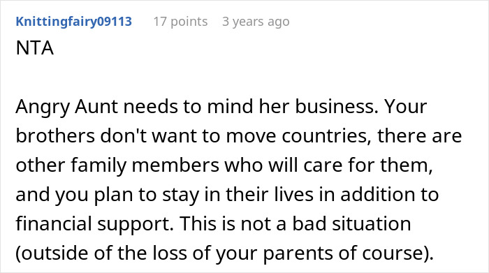 Comment discussing unwanted siblings and adoption issues from a sister addressing family and financial support concerns.