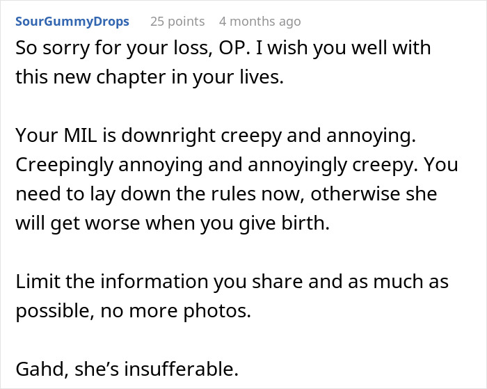 Screenshot of a Reddit comment criticizing a MIL for hijacking pregnancy and advising to limit photo sharing.