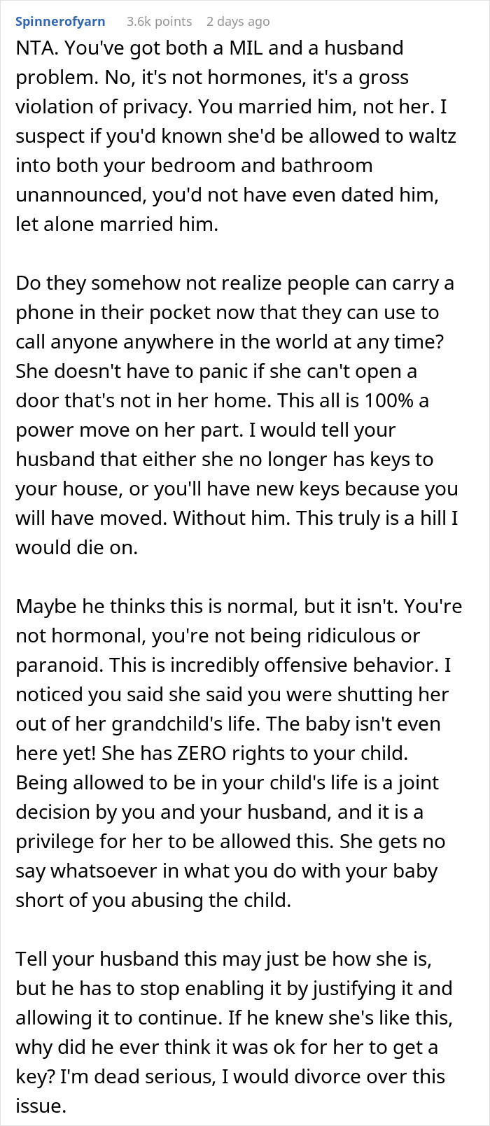 Comment discussing creepy MIL invading pregnant DIL's privacy and issues with locking the bedroom door for safety.