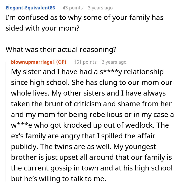 Reddit conversation discussing family fallout after woman exposes her mom's 22-year affair with her husband.