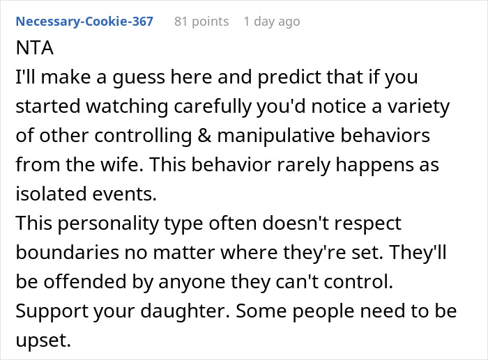 Comment discussing manipulative behavior from wife and advice on telling wife why daughter doesn&rsquo;t trust and supporting daughter.