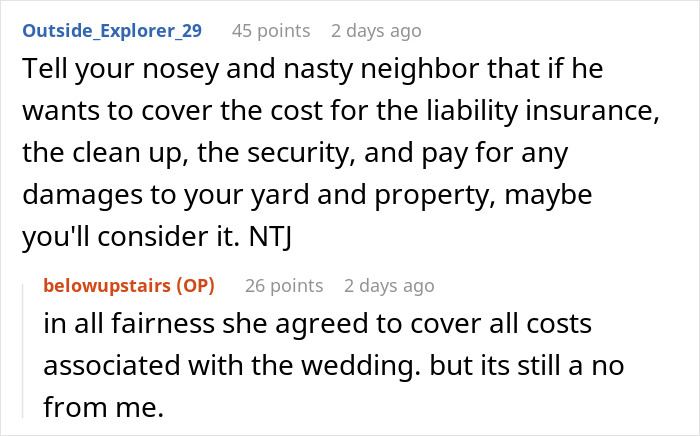 Online forum discussion about woman demanding to marry in stranger&rsquo;s backyard and neighbors refusing the request.