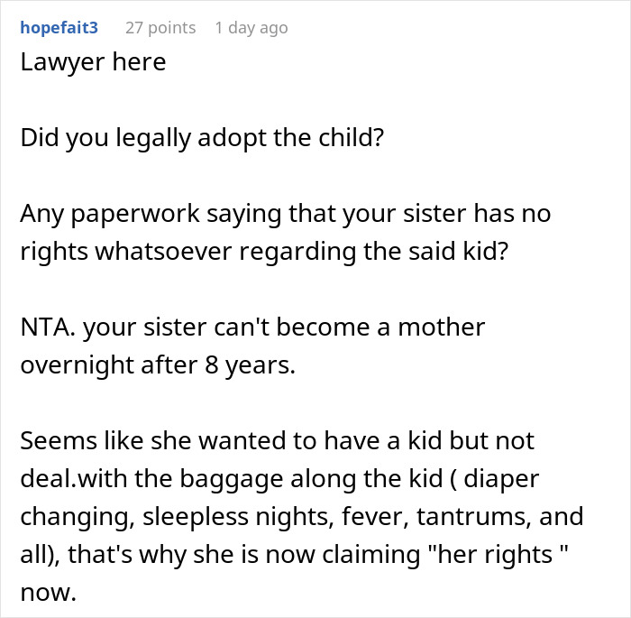 Comment from lawyer discussing legal adoption and parental rights in a case of mom wanting her baby back after 8 years