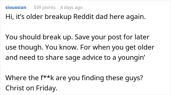Text post on Reddit discussing breakups and relationship advice about trust and ending long-term relationships.