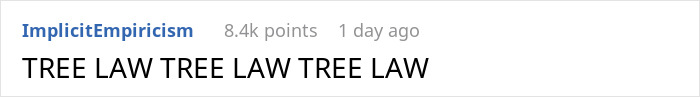 Screenshot of Reddit comment with the phrase TREE LAW repeated, relating to neighbor cutting down white oak trees without permission.