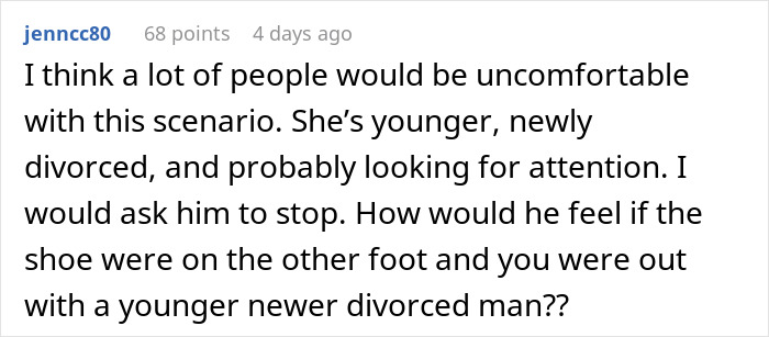 Comment discussing discomfort and boundaries after a husband goes running with a divorced mom, questioning relationship limits.