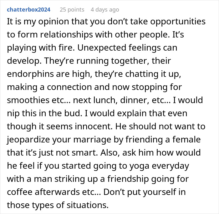 Alt text: Woman questions boundaries after husband goes running with divorced mom, raising concerns about relationships and smoothies.