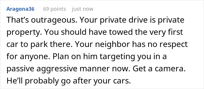 Comment about nurse's neighbor repeatedly using her driveway without permission after a long shift, advising action.