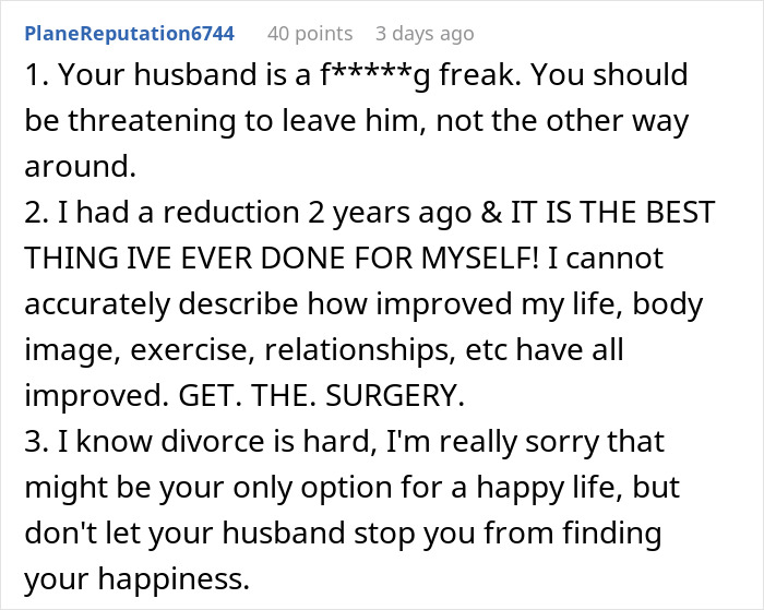 Comment text discussing a husband giving an ultimatum over plastic surgery and recommending a husband reduction.