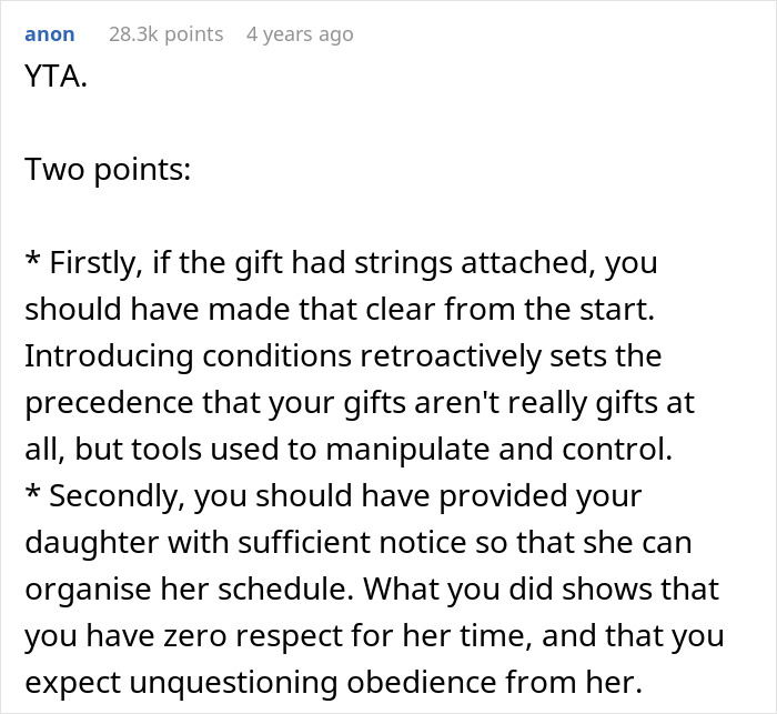 Comment criticizes dad pulling funding for 17-year-old&rsquo;s trip after choosing friend&rsquo;s farewell party over babysitting siblings.