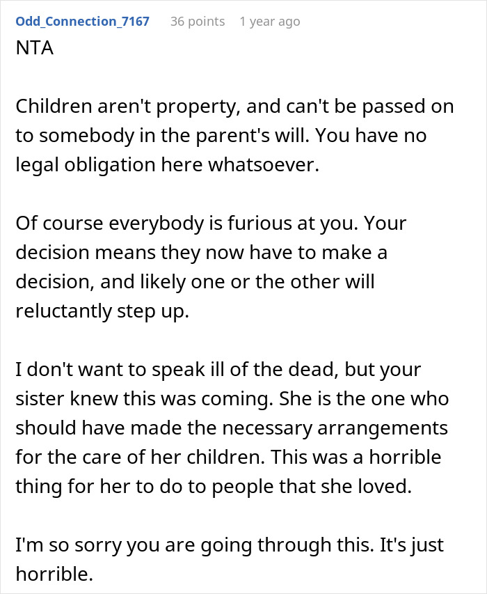 Comment discussing woman’s life turned upside down after her late sister’s dying wish about children and family obligations. Comment discussing woman’s life turned upside down after her late sister’s dying wish about children and family obligations.