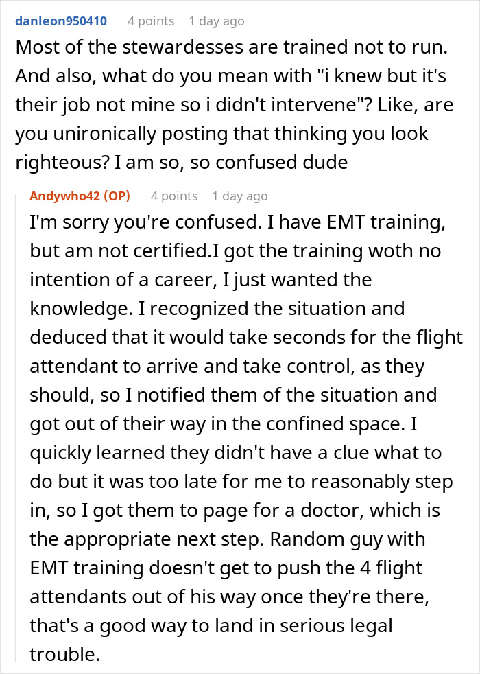 Reddit conversation discussing Korean Airlines passenger&rsquo;s medical crisis and crew accused of failing basic protocols.