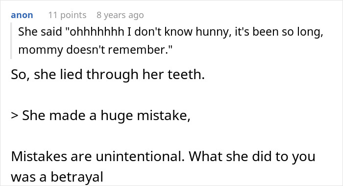 Screenshot of an online comment discussing a woman learning the truth about why she never got to study abroad. Screenshot of an online comment discussing a woman learning the truth about why she never got to study abroad.