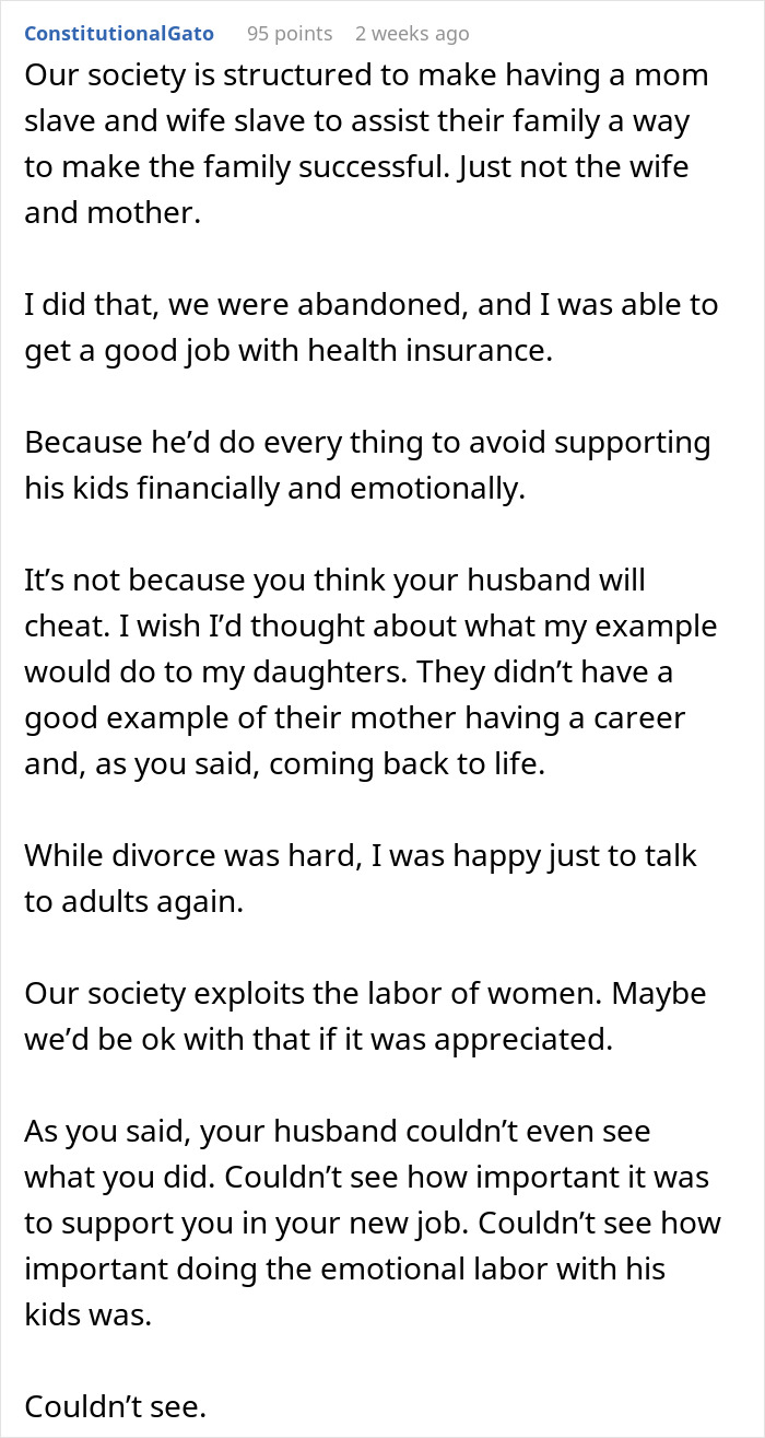 Comment discussing the struggles of a hurt working mom with an ignorant husband and societal expectations.