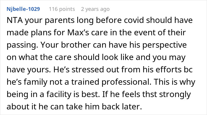 Reddit comment discussing orphaned siblings clashing over care for autistic brother and family responsibilities.
