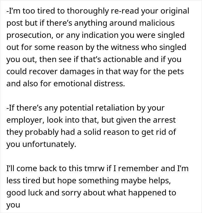 Text discussing consequences faced by a man proven not guilty of a crime and potential legal actions for emotional distress.