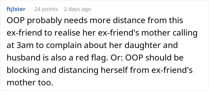 Screenshot of an online comment discussing friendship issues and distance after a purse conflict involving a woman.