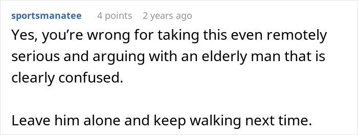 Comment text discussing a couple confronted by an elderly neighbor accusing the man of having an affair with his wife.