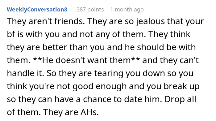 Text post from WeeklyConversation8 explaining friends' jealousy over woman&rsquo;s model boyfriend being out of her league.