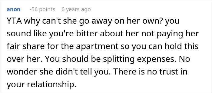 Comment thread criticizing partner for lack of trust after woman plans a solo trip and reveals it five days before leaving. Comment thread criticizing partner for lack of trust after woman plans a solo trip and reveals it five days before leaving.