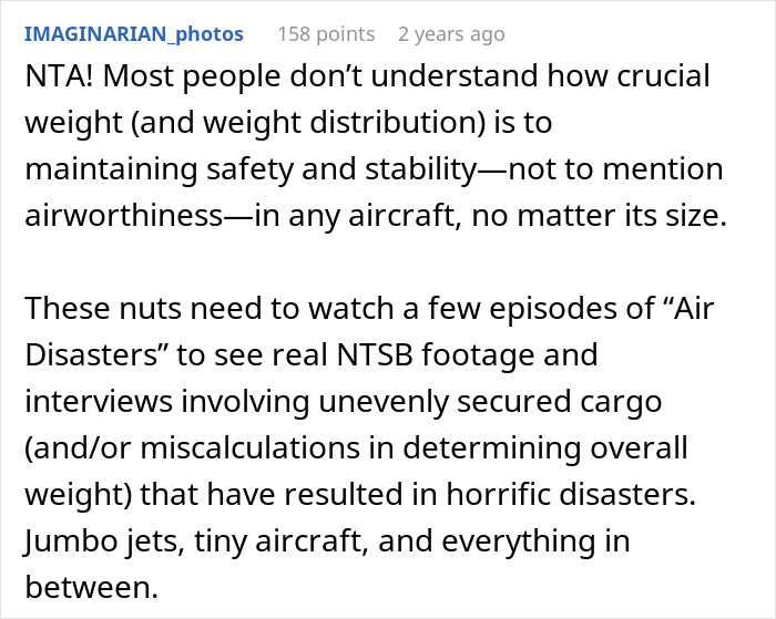 Comment discussing the importance of weight and balance for safety in small planes related to family drama over flying. Comment discussing the importance of weight and balance for safety in small planes related to family drama over flying.