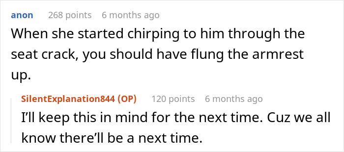 Screenshot of an online discussion about a woman refusing to give up her plane seat and enjoying a guilt-free nap.