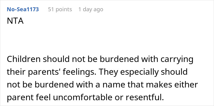 Comment discussing that children should not carry parents' feelings or be named in a way that causes discomfort or resentment. Comment discussing that children should not carry parents' feelings or be named in a way that causes discomfort or resentment.