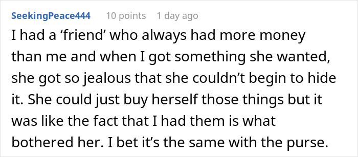 Screenshot of a Reddit post describing a woman ending a 15-year friendship after a purse incident involving jealousy and money.