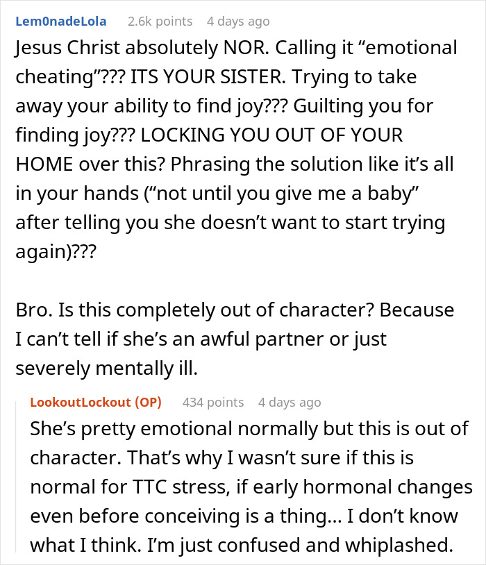 Reddit users debate wife&rsquo;s intense reaction to husband attending sister&rsquo;s baby shower, sparking discussion on emotional stress and therapy needs.