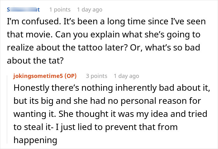 Screenshot of a Reddit conversation discussing the meaning and impact of a lying pick me girl tattoo.