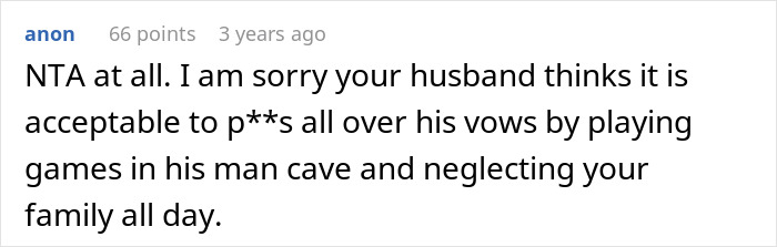 Screenshot of a forum comment discussing a husband spending all day in his man cave, neglecting family and responsibilities.