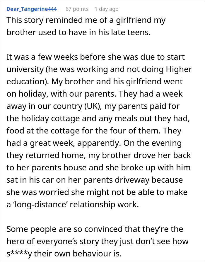 ALT text: Reddit post sharing a story about an entitled lady manipulating her boyfriend and demanding free rides after breakup