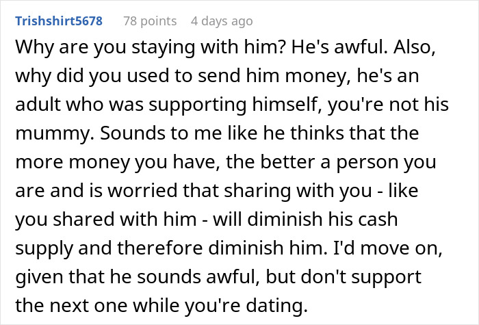 Comment discussing trust and money issues after man starts earning more than girlfriend a year into relationship, revealing red flags.