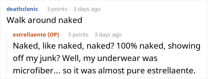Screenshot of a Reddit conversation about boxers bothering guests and an awkward response involving underwear details.