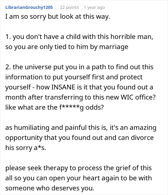Comment discussing a woman discovering husband&rsquo;s affair baby while setting up WIC profile at her new workplace.