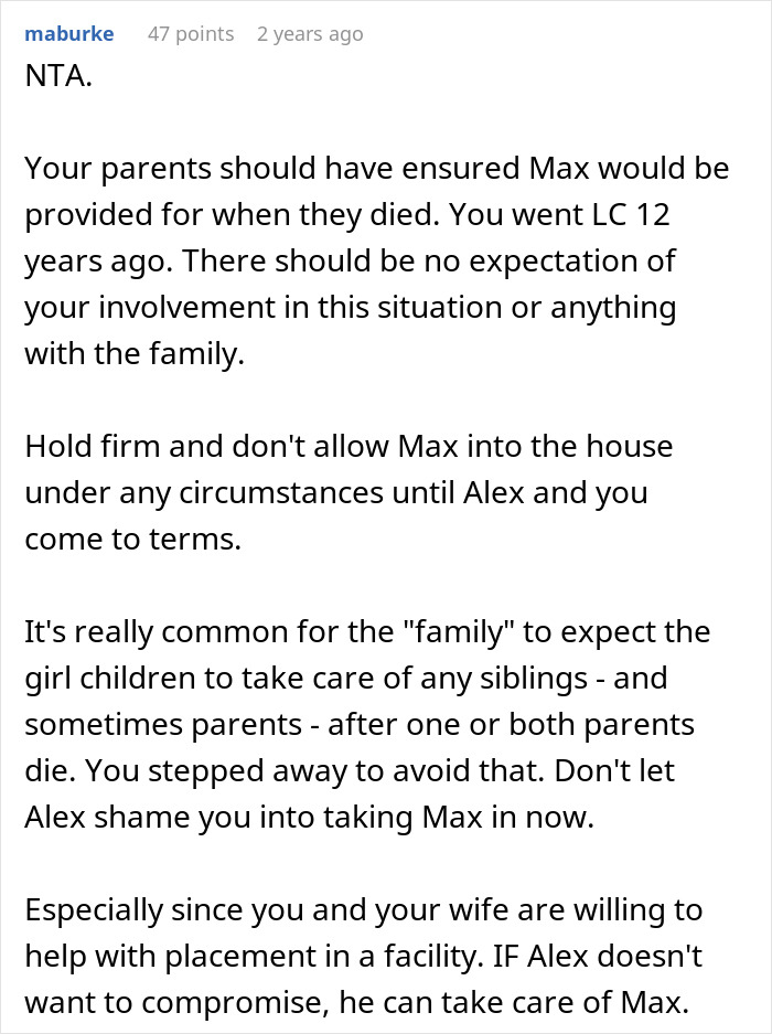 Reddit advice post discussing orphaned siblings clashing over care for autistic brother and family tensions.