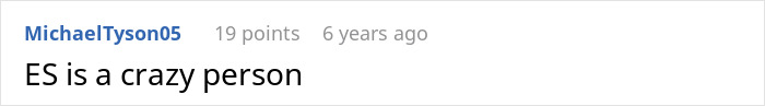 Screenshot of a user comment saying ES is a crazy person on an online forum discussion thread.